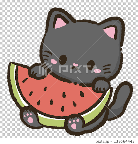 Cute kawaii black cat hugging giant watermelon slice sweet fruity summer clipart illustration 139564445