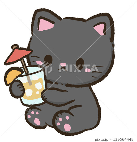 Cute kawaii black cat holding iced tropical lemonade cocktail with umbrella refreshing summer drink illustration Cute kawaii black cat holding iced tropical lemonade cocktail with umbrella refreshing summer drink illustration 139564449