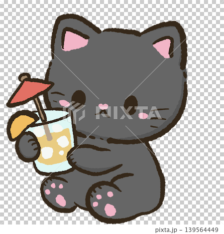Cute kawaii black cat holding iced tropical lemonade cocktail with umbrella refreshing summer drink illustration Cute kawaii black cat holding iced tropical lemonade cocktail with umbrella refreshing summer drink illustration 139564449
