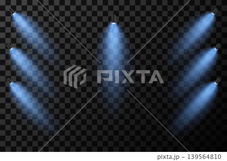 Blue spotlights illuminating a transparent background, creating bright lighting effects 139564810