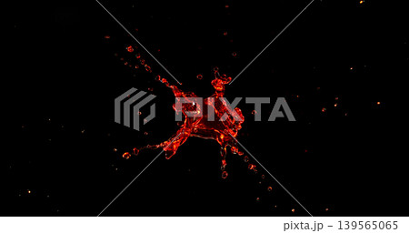 Red liquid splash isolated on black background resembling blood or red wine with realistic droplets for VFX overlay and cinematic visual effects Red liquid splash isolated on black background resembling blood or red wine with realistic droplets for VFX overlay and cinematic visual effects 139565065