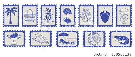 Mediterranean summer postage stamp collection with blue coastal elements and seafood on light background Mediterranean summer postage stamp collection with blue coastal elements and seafood on light background 139565135