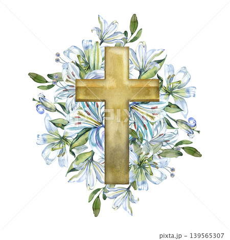 Watercolor religious illustration featuring a golden Christian cross surrounded by a wreath of elegant blue and white lilies. A sacred hand drawn botanical composition perfect for baptism or Easter. Watercolor religious illustration featuring a golden Christian cross surrounded by a wreath of elegant blue and white lilies. A sacred hand drawn botanical composition perfect for baptism or Easter. 139565307
