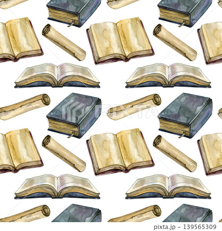 Watercolor seamless pattern featuring vintage bibles, open ancient books with aged yellow pages, and paper scrolls. A hand drawn academic and religious background perfect for library and church 139565309
