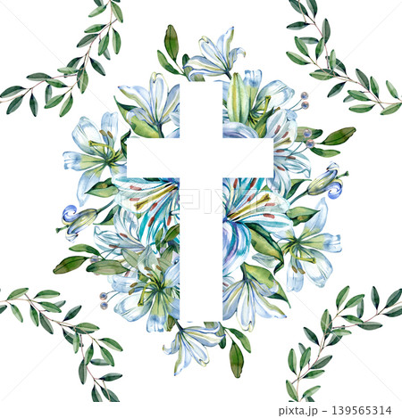 Watercolor seamless pattern featuring Christian crosses with blue lilies and elegant olive leaf wreaths. This hand drawn religious background is perfect for baptism, Easter, and church textiles. Watercolor seamless pattern featuring Christian crosses with blue lilies and elegant olive leaf wreaths. This hand drawn religious background is perfect for baptism, Easter, and church textiles. 139565314
