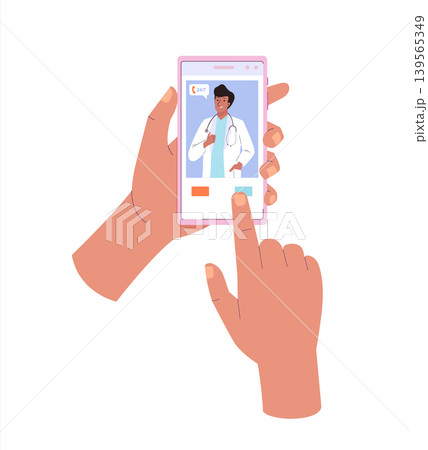Hands holding smartphone with doctor on screen. Male doctor in white coat and stethoscope. Online medical consultation service, tele medicine concept Hands holding smartphone with doctor on screen. Male doctor in white coat and stethoscope. Online medical consultation service, tele medicine concept 139565349