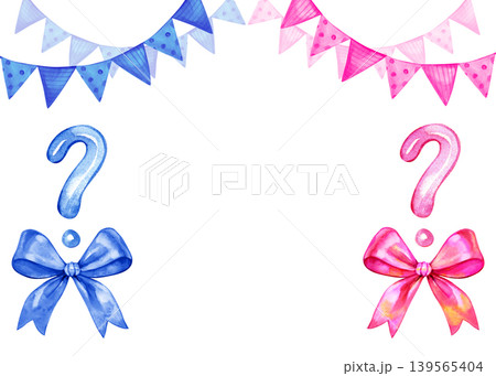 Watercolor gender reveal composition featuring blue and pink question marks with matching silk bows and festive bunting flags. A playful hand drawn illustration for baby shower invitations. 139565404