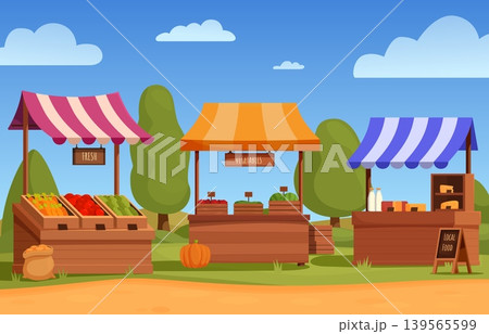 Agriculture harvest market. Wooden stalls with local food, vegetables, fruits, dairy. Farm counters with striped awning. Village, countryside trading area sapid vector scene 139565599