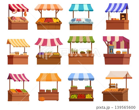 Food market counters. Cartoon wooden stall with striped textile awning. Street or harvest agriculture markets elements with farm products, sapid vector clipart Food market counters. Cartoon wooden stall with striped textile awning. Street or harvest agriculture markets elements with farm products, sapid vector clipart 139565600