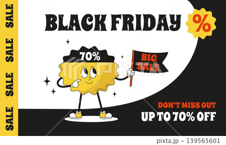 Black friday retro poster. Seasonal discount banner with funny groovy label. Cute character hold flag. Advertising, sale season, time limit deals, neoteric vector flyer 139565601