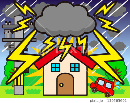 雷が落ちた家と街のイラスト素材 雷が落ちた家と街のイラスト素材 139565691