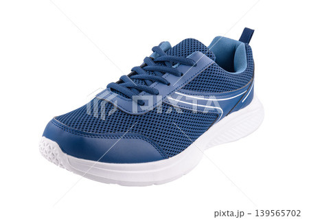 blue sneaker in three quarters on white background blue sneaker in three quarters on white background 139565702