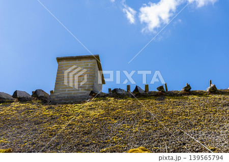 Old Scandinavian thatched roof in need of renovation under blue sky. Old Scandinavian thatched roof in need of renovation under blue sky. 139565794