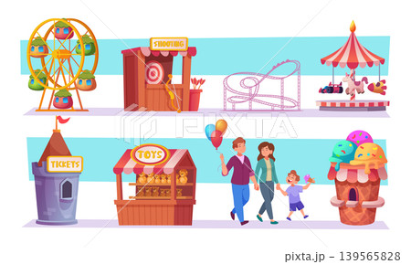 Entertainment park. Happy kids on roller coaster exact vector family with positive emotions Entertainment park. Happy kids on roller coaster exact vector family with positive emotions 139565828