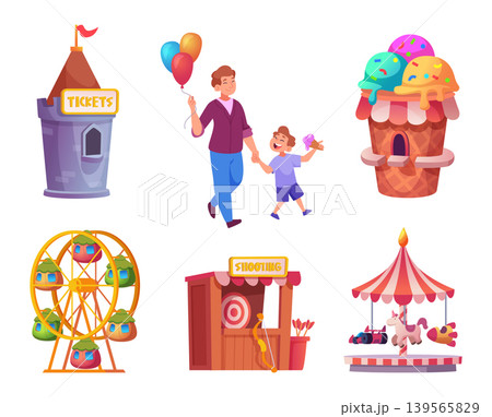 Amusement park. Gunny attractions for happy family with kids exact vector cartoon set 139565829