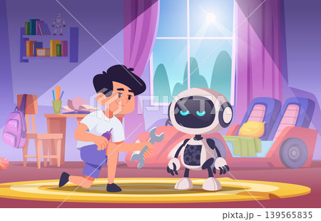 Kids with robot. smart kid playing with robot companion. vector cartoon background Kids with robot. smart kid playing with robot companion. vector cartoon background 139565835