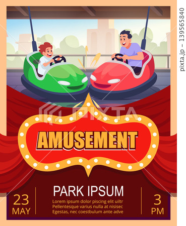 Amusement park. poster with happy people riding on funny electric cars Amusement park. poster with happy people riding on funny electric cars 139565840