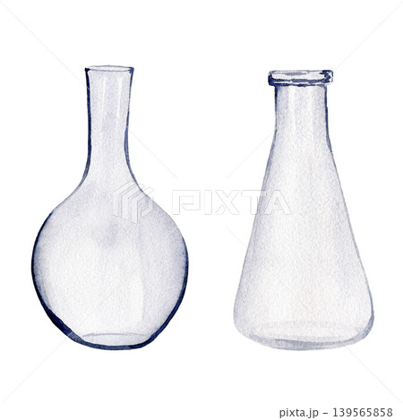 Medicine flask and beaker. Watercolor illustration isolated on white background for design, logos, cards, business, medical articles, textbooks Medicine flask and beaker. Watercolor illustration isolated on white background for design, logos, cards, business, medical articles, textbooks 139565858
