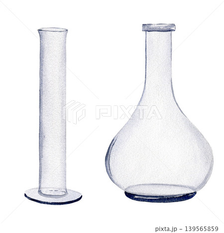 Medicine flask and beaker. Watercolor illustration isolated on white background for design, logos, cards, business, medical articles, textbooks Medicine flask and beaker. Watercolor illustration isolated on white background for design, logos, cards, business, medical articles, textbooks 139565859