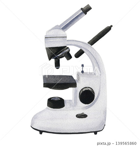 Watercolor microscope. Hand drawn illustration isolated on white background for design, logos, cards, business, medical articles, textbooks, packaging Watercolor microscope. Hand drawn illustration isolated on white background for design, logos, cards, business, medical articles, textbooks, packaging 139565860