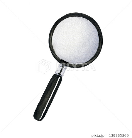 Watercolor magnifying glass with black handle. Hand drawn illustration isolated on white background for design, logos, business, textbooks, packaging Watercolor magnifying glass with black handle. Hand drawn illustration isolated on white background for design, logos, business, textbooks, packaging 139565869