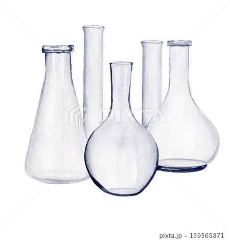 Medicine flasks and beakers. Watercolor illustration isolated on white background for design, logos, cards, business, medical articles, textbooks Medicine flasks and beakers. Watercolor illustration isolated on white background for design, logos, cards, business, medical articles, textbooks 139565871