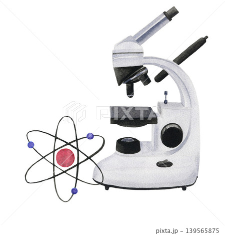 Watercolor microscope and chemistry symbol. Hand drawn illustration isolated on white background for design, logos, cards, business, medical articles Watercolor microscope and chemistry symbol. Hand drawn illustration isolated on white background for design, logos, cards, business, medical articles 139565875