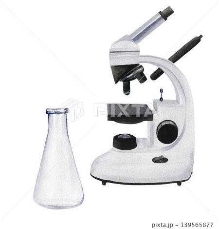 Watercolor microscope and flask. Hand drawn illustration isolated on white background for design, logos, cards, business, medical articles Watercolor microscope and flask. Hand drawn illustration isolated on white background for design, logos, cards, business, medical articles 139565877