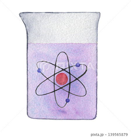 Medicine flask with liquid and chemistry symbol. Watercolor illustration isolated on white background for design, logos, business, medical articles Medicine flask with liquid and chemistry symbol. Watercolor illustration isolated on white background for design, logos, business, medical articles 139565879