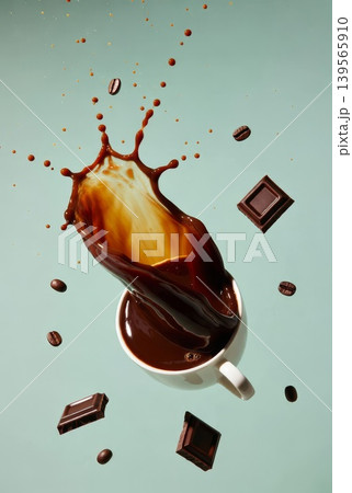 Exquisite Cup of Coffee with Chocolate Splashing Out, Creating a Stunning Visual Delight for Coffee Lovers Exquisite Cup of Coffee with Chocolate Splashing Out, Creating a Stunning Visual Delight for Coffee Lovers 139565910