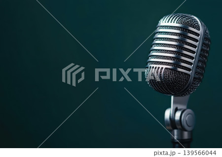 Close up of a vintage microphone against a muted background capturing intricate details Close up of a vintage microphone against a muted background capturing intricate details 139566044