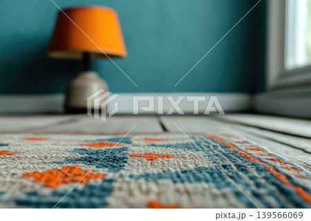 Ornate eastern rug pattern with a vibrant lamp in a cozy room setting Ornate eastern rug pattern with a vibrant lamp in a cozy room setting 139566069