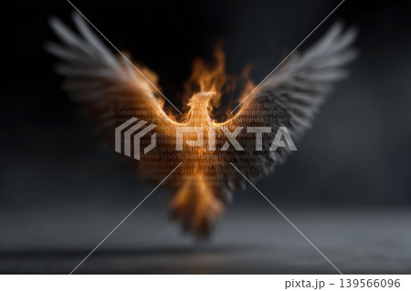 Holographic emblem of a phoenix rotating in mid-air with a fiery glow Holographic emblem of a phoenix rotating in mid-air with a fiery glow 139566096