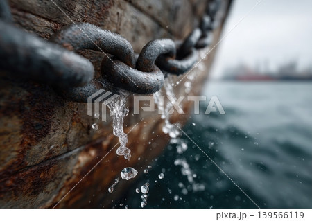 Chain descends into water from weathered vessel 139566119