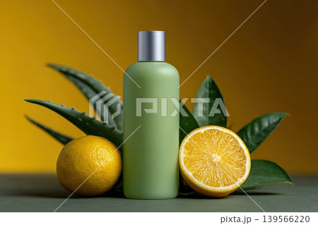 Green facial toner bottle with aloe vera and orange 139566220