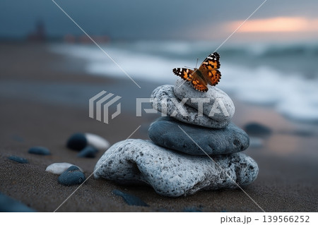 Smooth Zen stones and butterfly on the beach at sunset Smooth Zen stones and butterfly on the beach at sunset 139566252