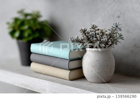Minimalist bookshelf with decorative plants and books 139566290