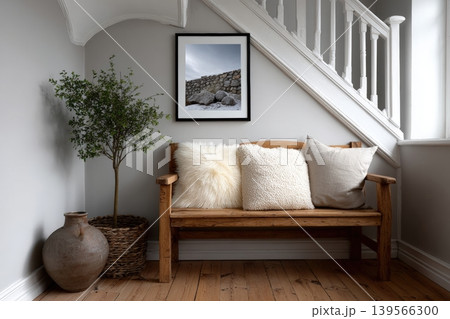 Seating area with decor and art near staircase Seating area with decor and art near staircase 139566300