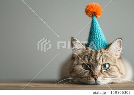 Smiling British Shorthair cat in colorful party hat 139566302