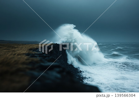 Sea storm unleashes powerful waves against rocky shore 139566304