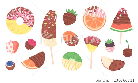 Chocolate covered fruits. Fresh and dried fruit in milk and white choco and different candy toppings. Sweet dessert, pineapple, strawberry, apple, racy vector clipart Chocolate covered fruits. Fresh and dried fruit in milk and white choco and different candy toppings. Sweet dessert, pineapple, strawberry, apple, racy vector clipart 139566311