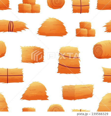Cartoon haystacks seamless pattern. Hays in rolls and cubes, different stacks dry grass. Harvest time, agriculture elements. Print for fabric, vector background Cartoon haystacks seamless pattern. Hays in rolls and cubes, different stacks dry grass. Harvest time, agriculture elements. Print for fabric, vector background 139566329