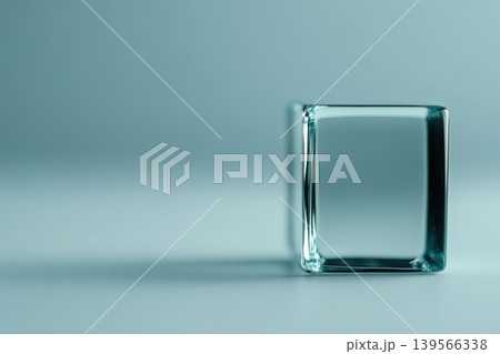 Crystal clear cube reflects light against a serene light blue studio backdrop Crystal clear cube reflects light against a serene light blue studio backdrop 139566338