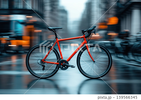 Red bicycle riding fast on a street in an urban environment Red bicycle riding fast on a street in an urban environment 139566345