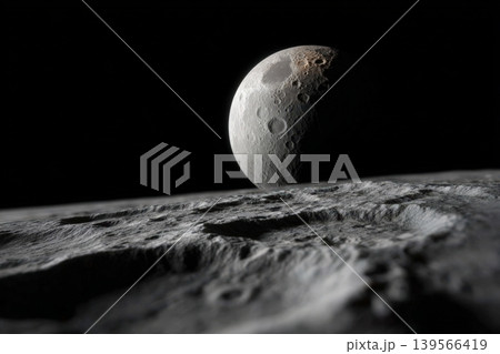 Mercury's terrain with visible craters and a crescent shape in the dark sky 139566419