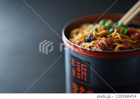 Spicy asian noodles being served in a black paint can with chopsticks 139566454