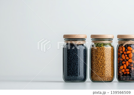 Glass containers holding dry foods sit on white surface in studio 139566509