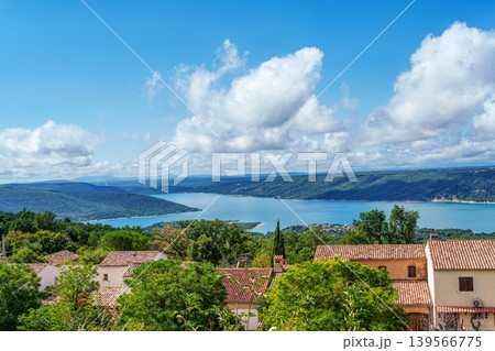 The lake Lac de Sainte-Croix in France has clear cyan water. The Verdon River flows from the Verdon Canyon into the lake The lake Lac de Sainte-Croix in France has clear cyan water. The Verdon River flows from the Verdon Canyon into the lake 139566775