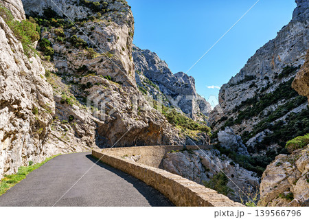 Driving through the amazing Gorges de Galamus, Aude, Eastern Pyrenees, Languedoc Roussillon, France. 139566796