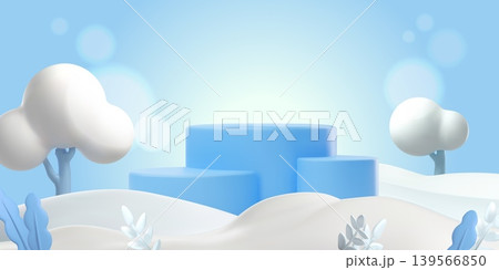 A winter 3D podium with blue cylindrical steps, white snow-covered trees, hills, leaves, and bokeh A winter 3D podium with blue cylindrical steps, white snow-covered trees, hills, leaves, and bokeh 139566850